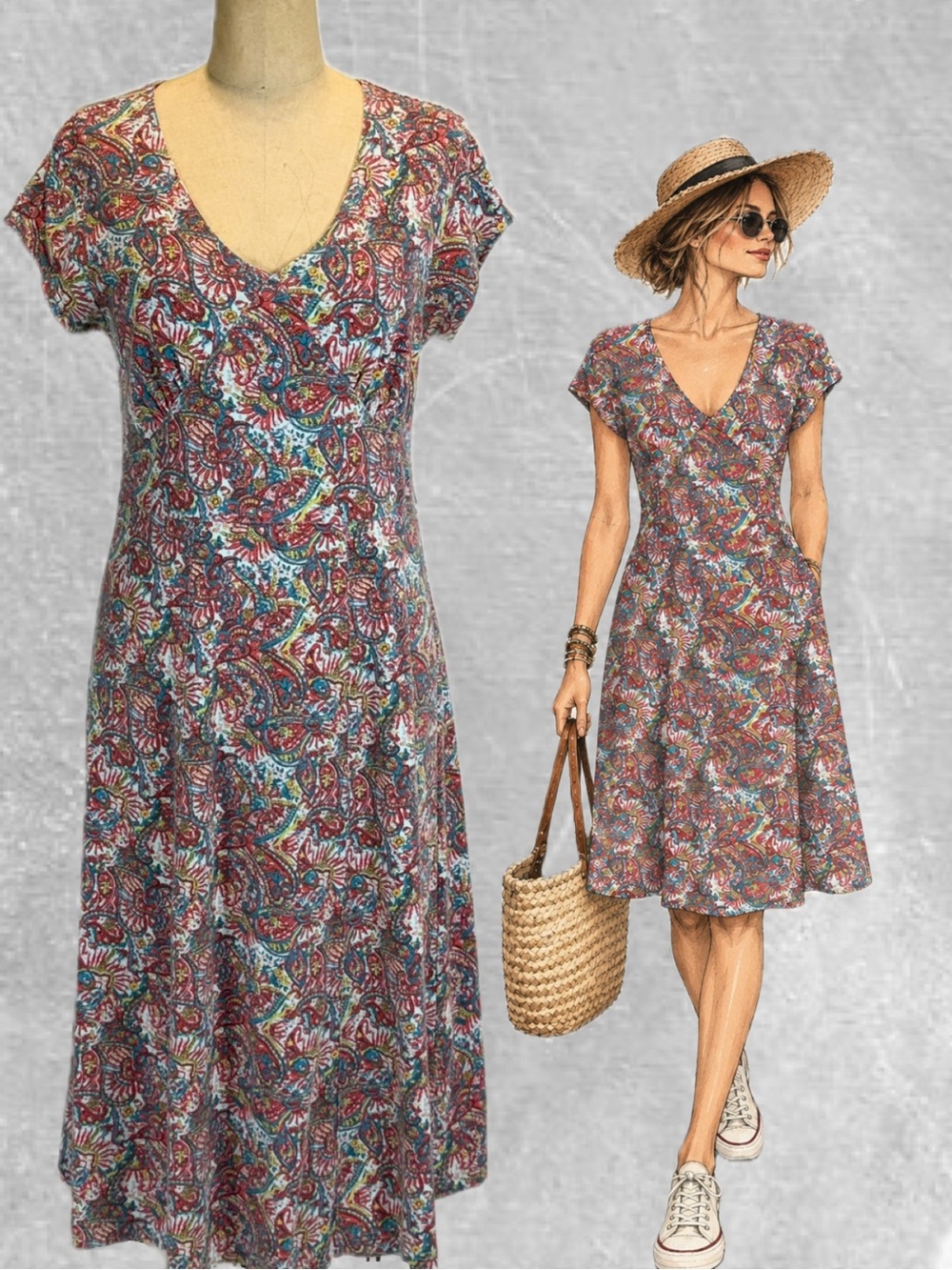 Sahalie artsy paisley cotton dress short sleeve midi sporty casual scoop v neck
